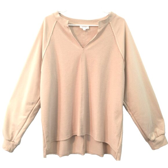 Perch By Blu Pepper Women's Sweatshirt Top Raw Seams Hi Low V Neck Beige - 1X - Picture 1 of 11